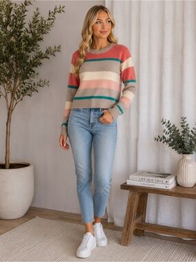 Cotton Emporium Pastel Striped Soft Knit Sweater Coral Beige | Size M